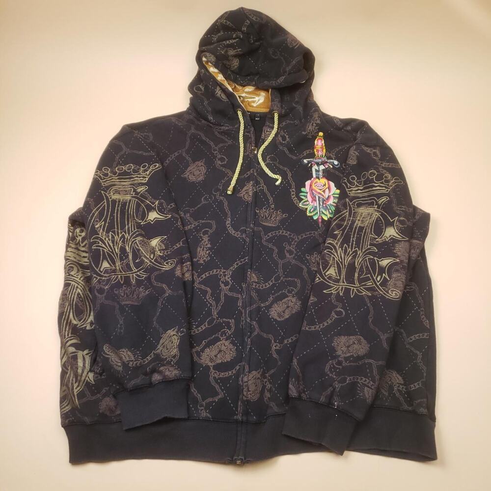 Vintage y2k Christian Audigier Los Angeles Ed Hardy All Over Print Zip Up Hoodie